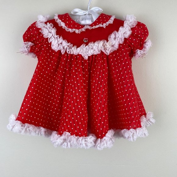 Vintage Other - Vintage Bryan Red White Ruffle Holiday Dress 6-9 M